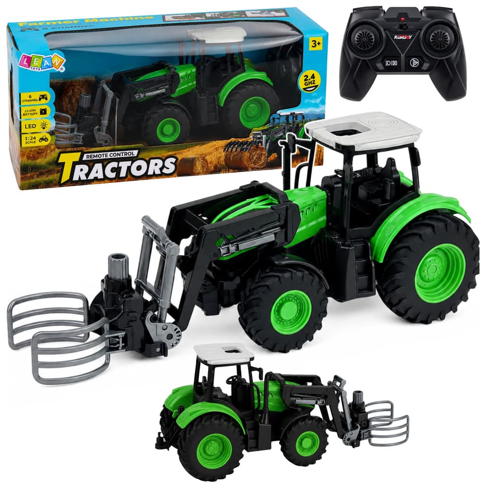 RC traktor z zajemalko za bale, LED luči, 1:24