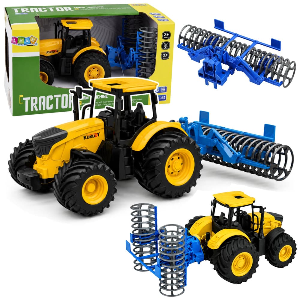 LEAN TOYS Traktor kmetijski z valjem, luči in zvoki, rumen 1:24