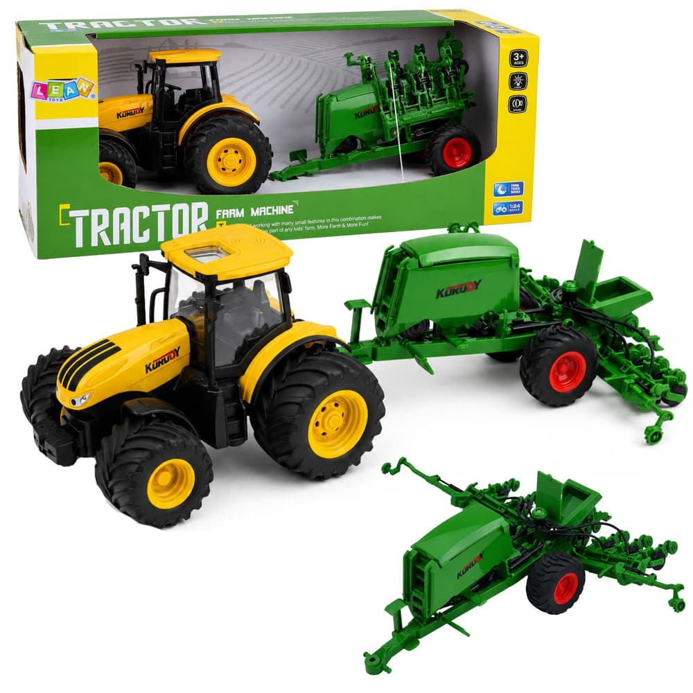 RC traktor z sejačem, luči, zvoki, rumen, 1:24