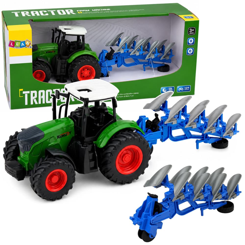 RC traktor s plugom, gumijasta kolesa, zelen, 1:24