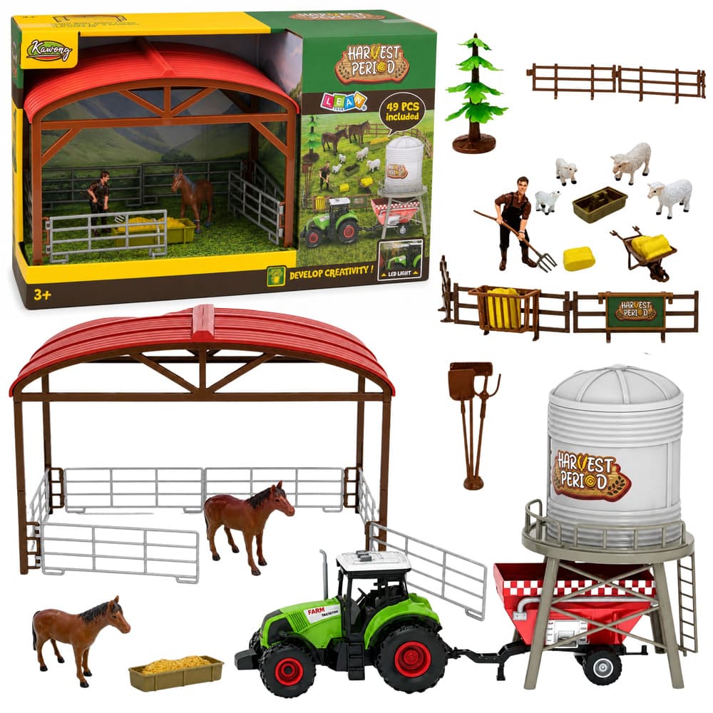 LEAN TOYS Set Farma s Traktorjem, Hlev, Silos, Figurice Živali, Orodja, 49 el.