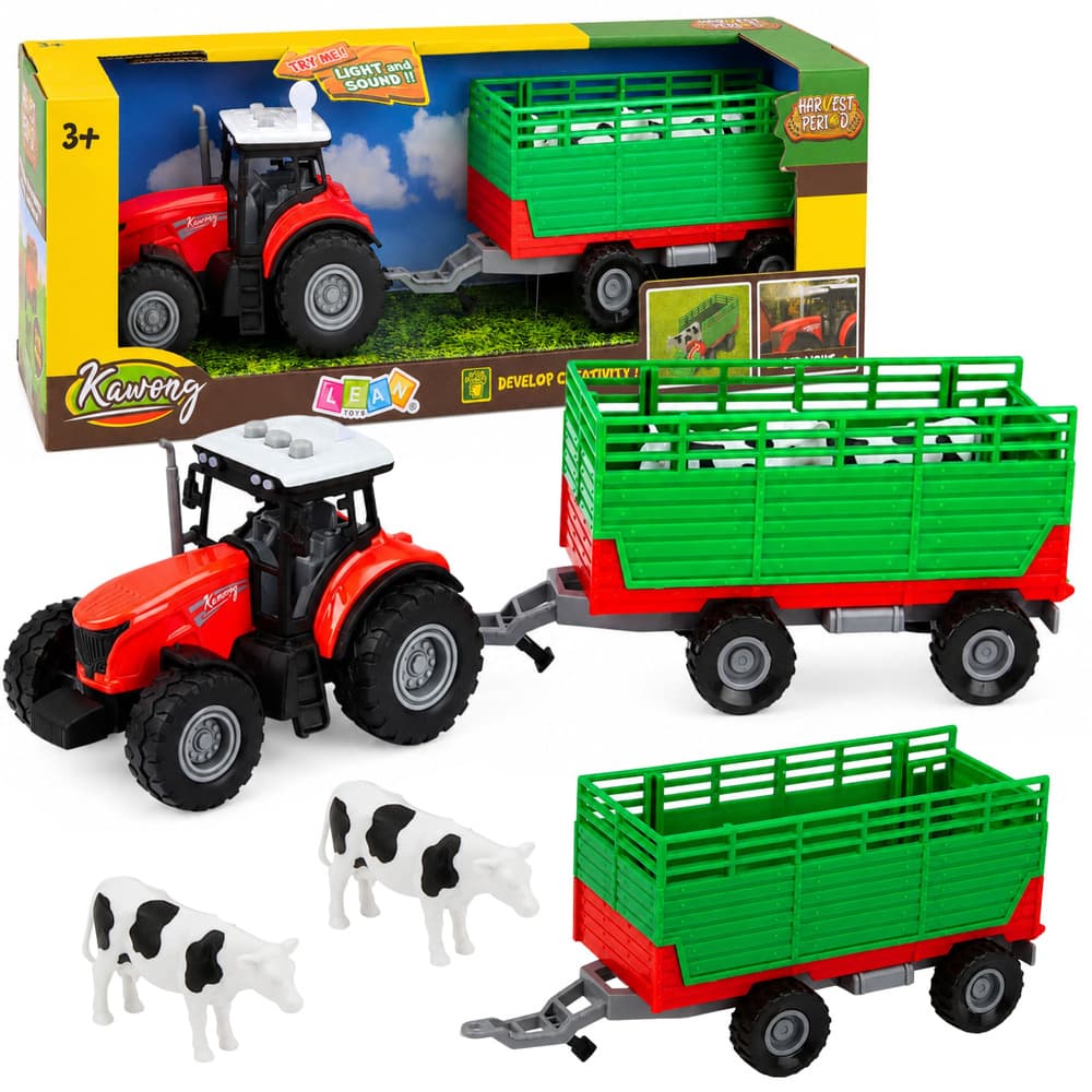 Traktor s prikolico za živali, krave, luči, zvoki, 4 el.