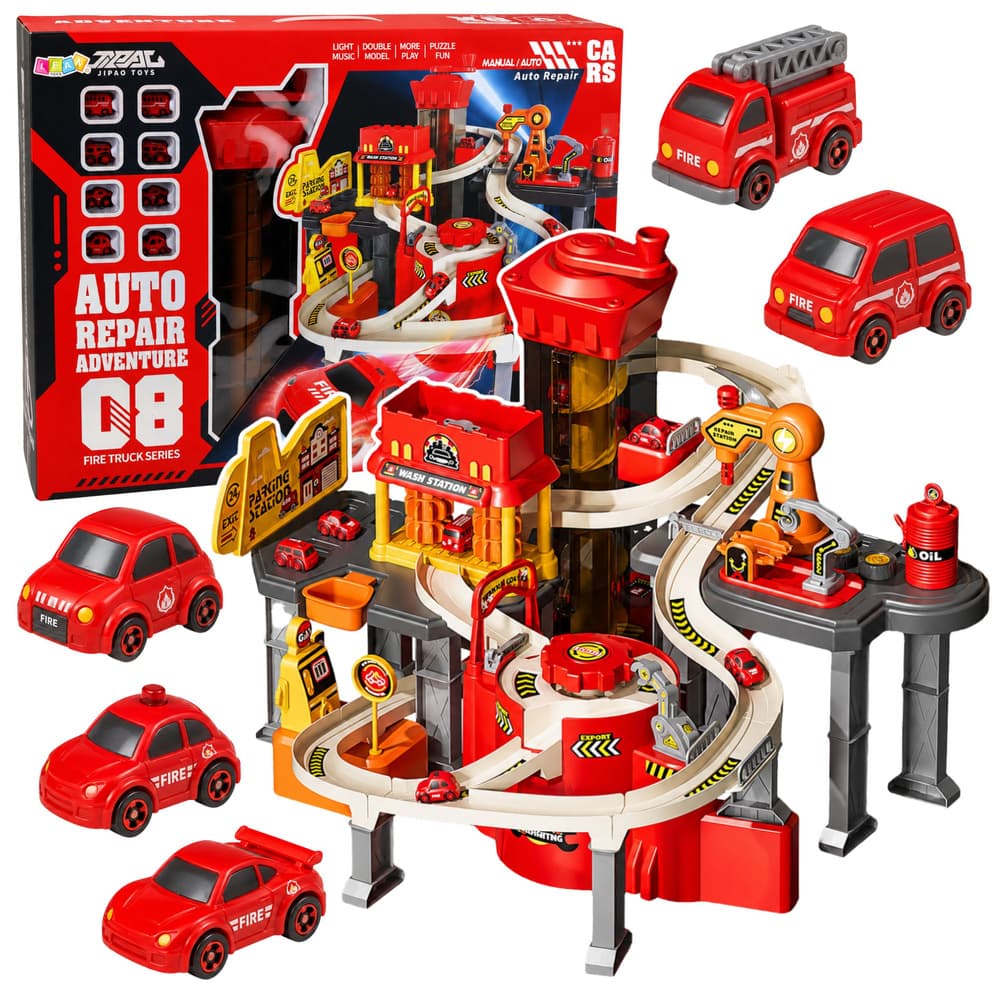Interaktivni garažni center za avtomobilčke LEAN TOYS s 8 vozili