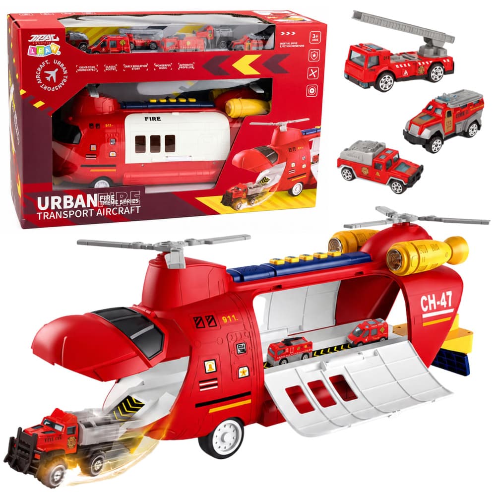 Velik gasilski transportni letalo LEAN TOYS z vozili, luči, zvoki