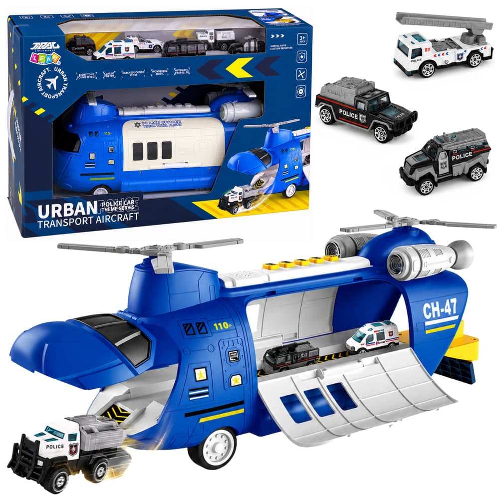 Veliko policijsko transportno letalo LEAN TOYS z vozili, luči, zvoki