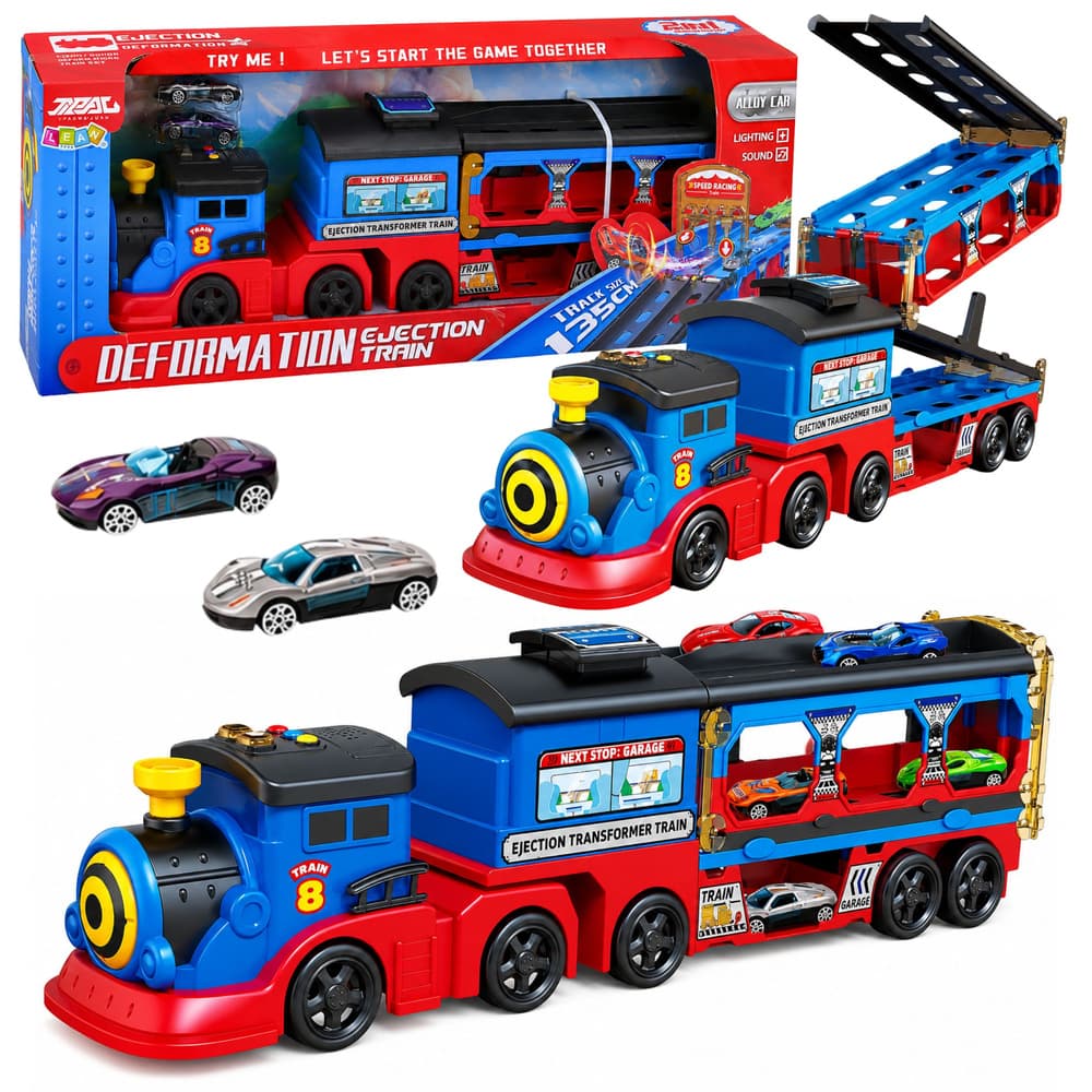 Lokomotiva transporter LEAN TOYS z avtomobilčki, tir, rampa