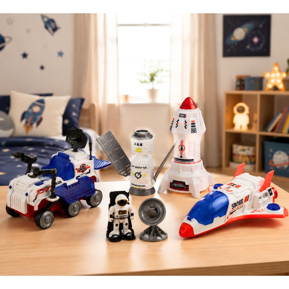 LEAN TOYS Komplet vesoljski raketoplan, raketa, vozilo in astronaut 6