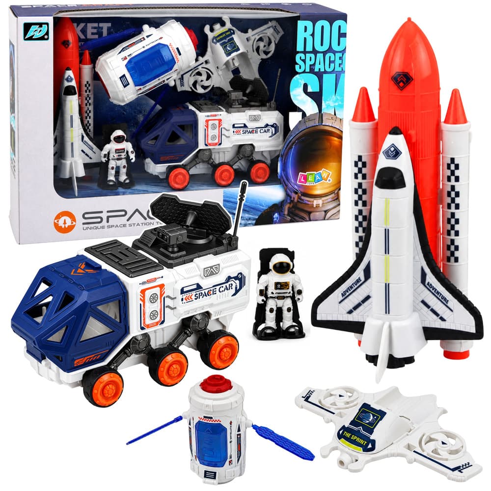 LEAN TOYS Komplet vesoljska raketa, raketoplan, dron in astronaut