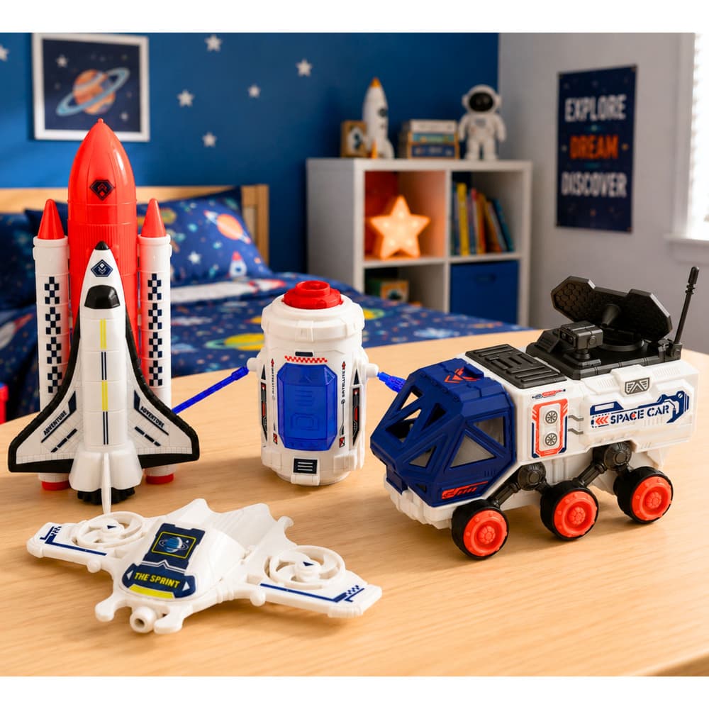 LEAN TOYS Komplet vesoljska raketa, raketoplan, dron in astronaut 5