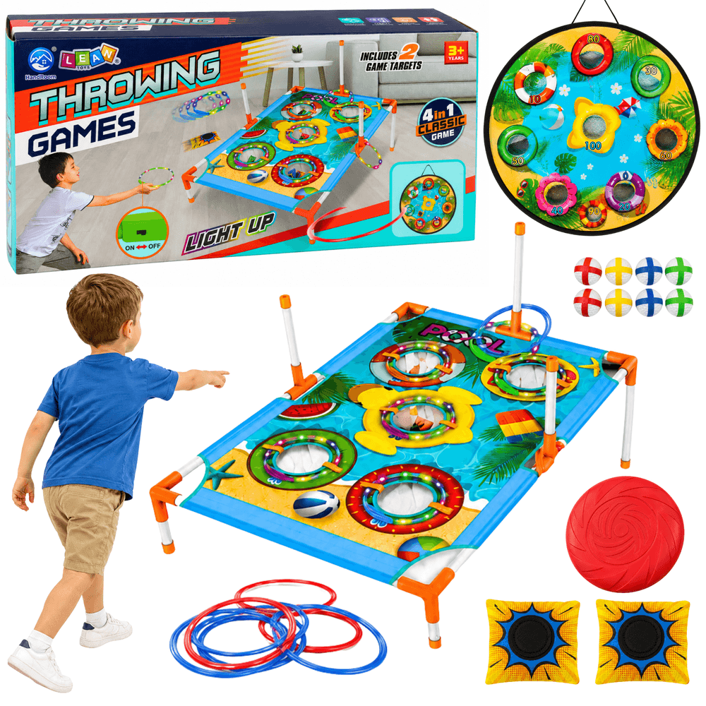 Igra spretnosti LEAN TOYS 4v1 Met v cilj, obroči, vrečke