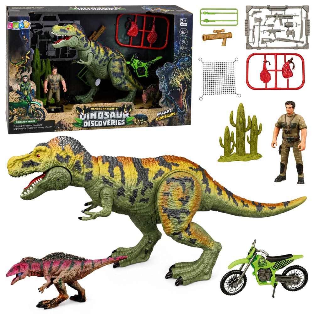 Zabaviščni set LEAN TOYS z dinozavrom T-Rex, lovcem, motorjem