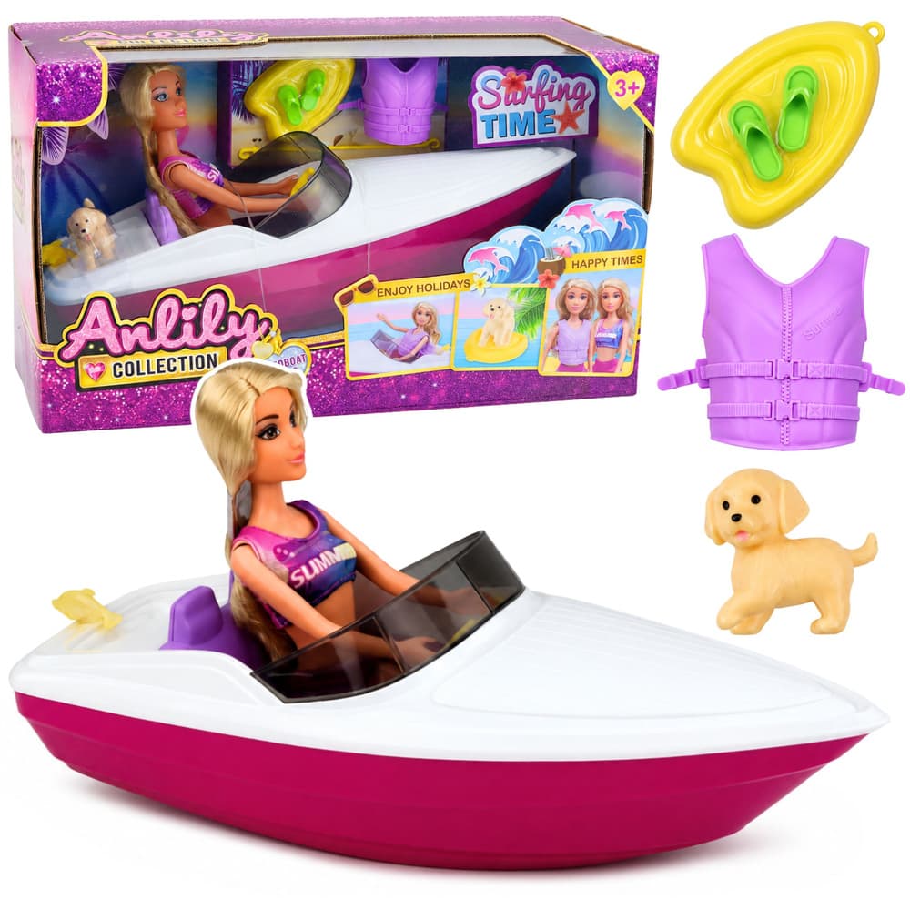 LEAN TOYS Lutka Anlily v motorni čoln z psičkom in dodatki