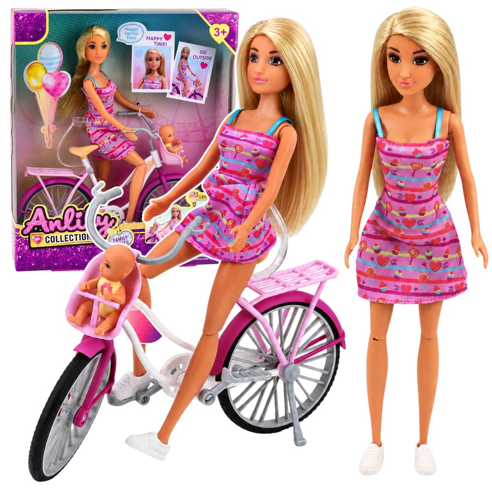 Lutka Anlily s kolesom, otroškim sedežem in dojenčkom, LEAN TOYS