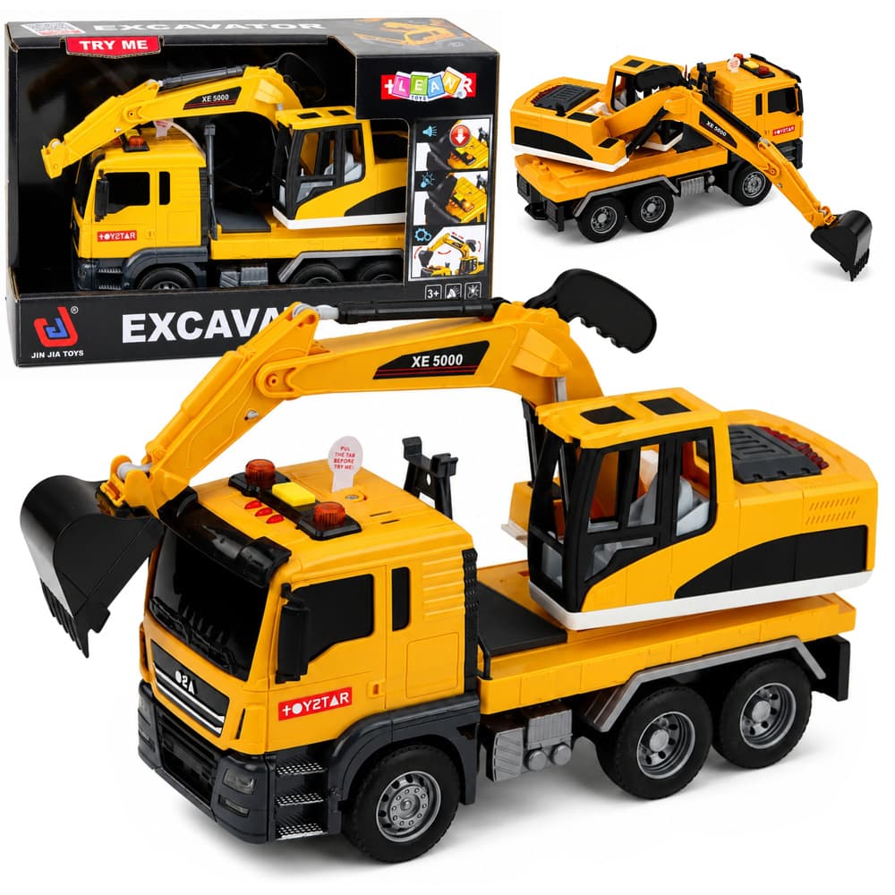 Gradbena tovornjak z bagrom LEAN TOYS 1:14, z gibljivo žlico, lučmi in zvoki