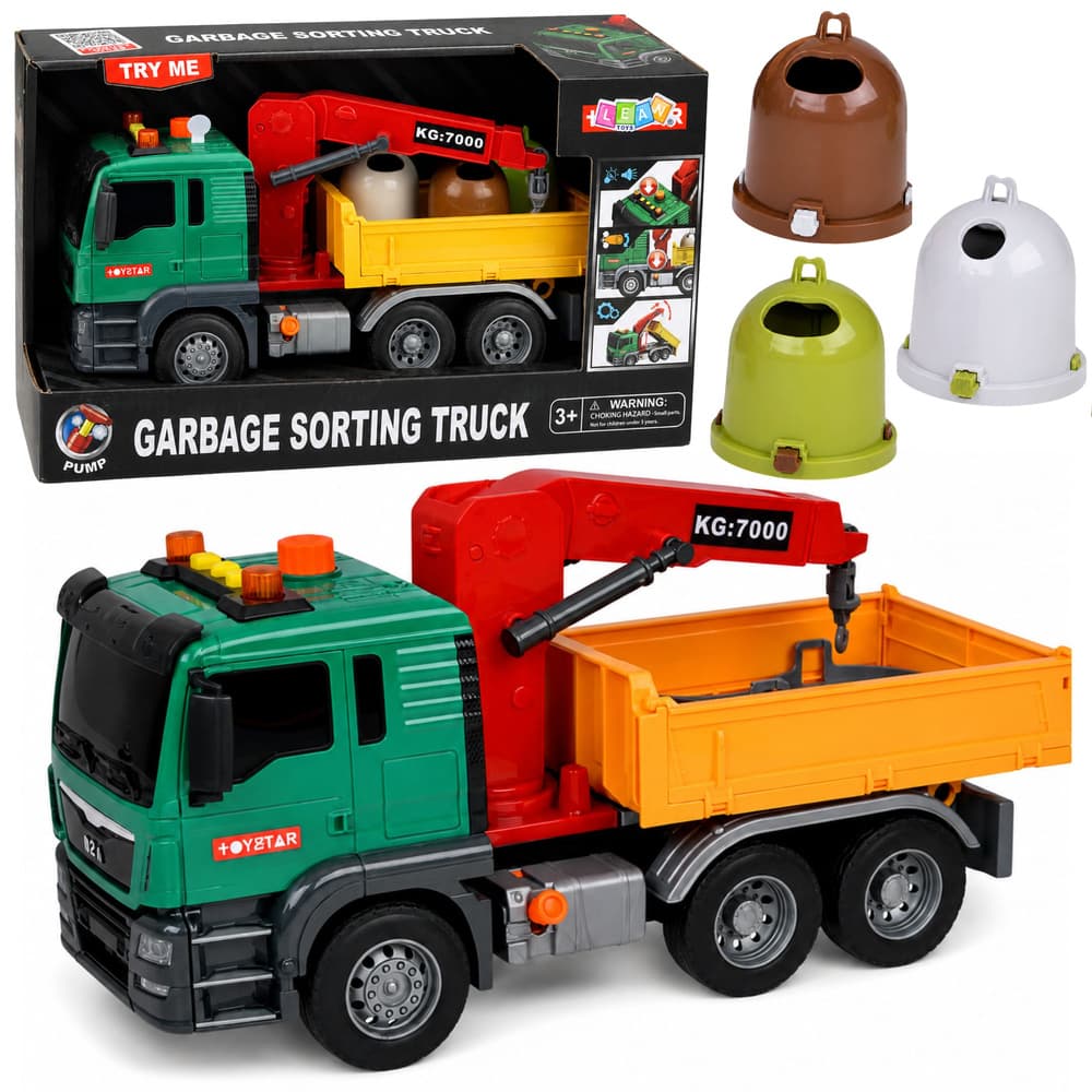 Smetarska tovornjak LEAN TOYS z dvigalom, posodami za ločevanje odpadkov, lučmi in zvoki