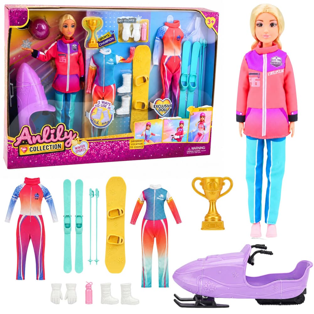 LEAN TOYS Lutka Anlily Zimske Športe, Smuči, Skuter, Deska, Oblačila, Komplet