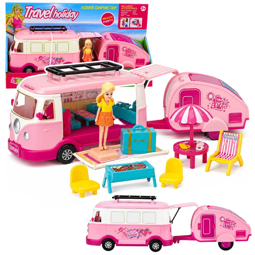 Potovalni set LEAN TOYS: Kamper s prikolico, lutka in dodatki, roza
