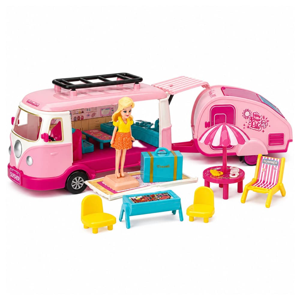 Potovalni set LEAN TOYS: Kamper s prikolico, lutka in dodatki, roza 2