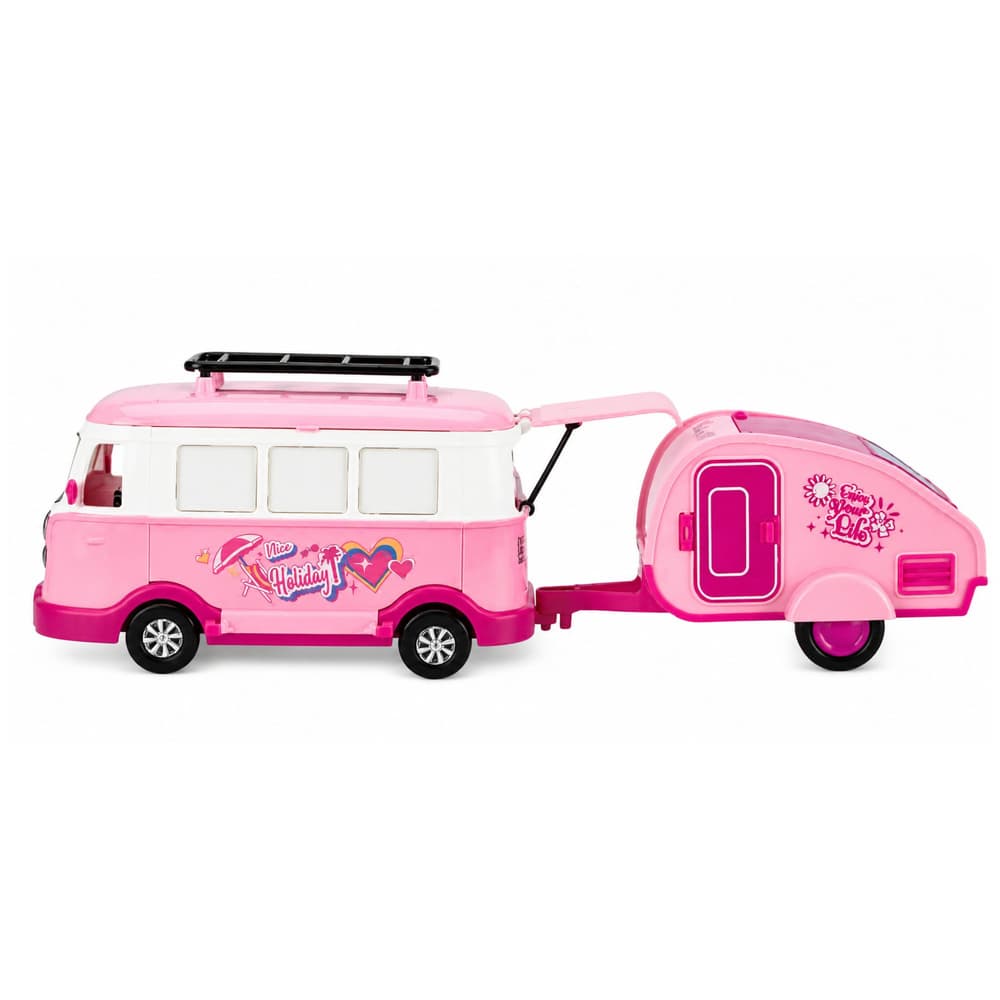 Potovalni set LEAN TOYS: Kamper s prikolico, lutka in dodatki, roza 3