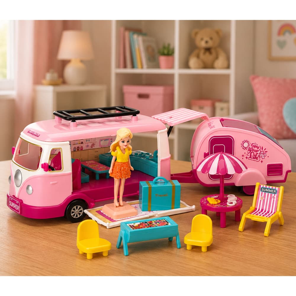 Potovalni set LEAN TOYS: Kamper s prikolico, lutka in dodatki, roza 4