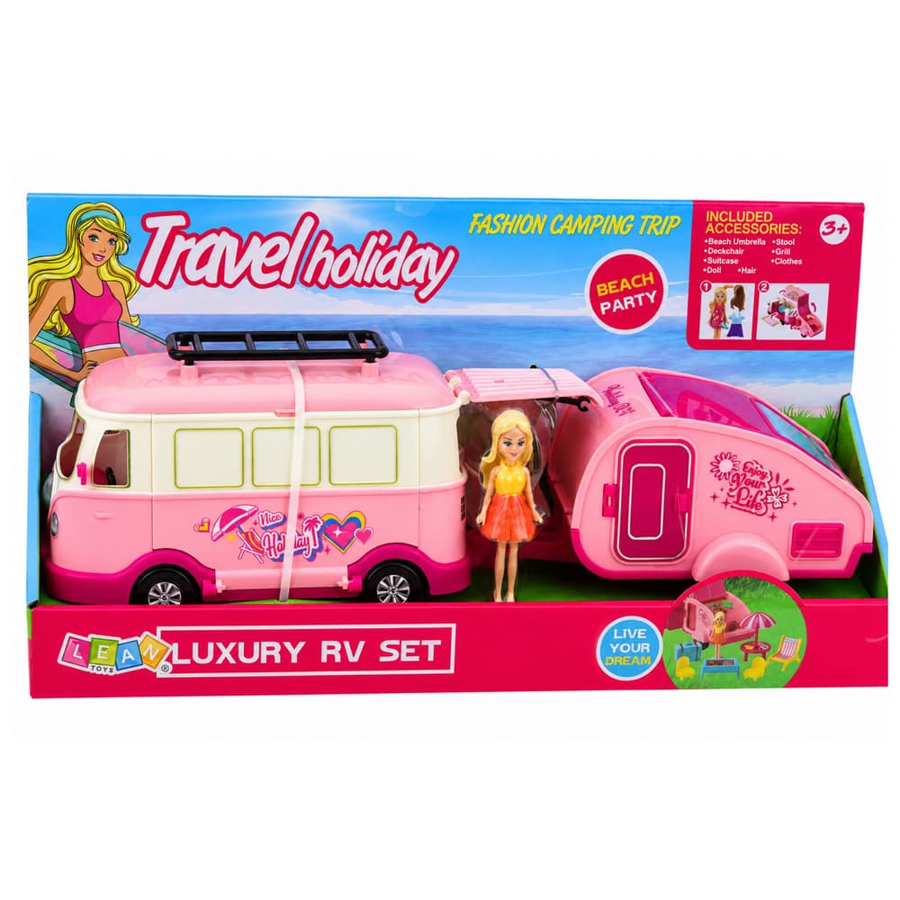 Potovalni set LEAN TOYS: Kamper s prikolico, lutka in dodatki, roza 5