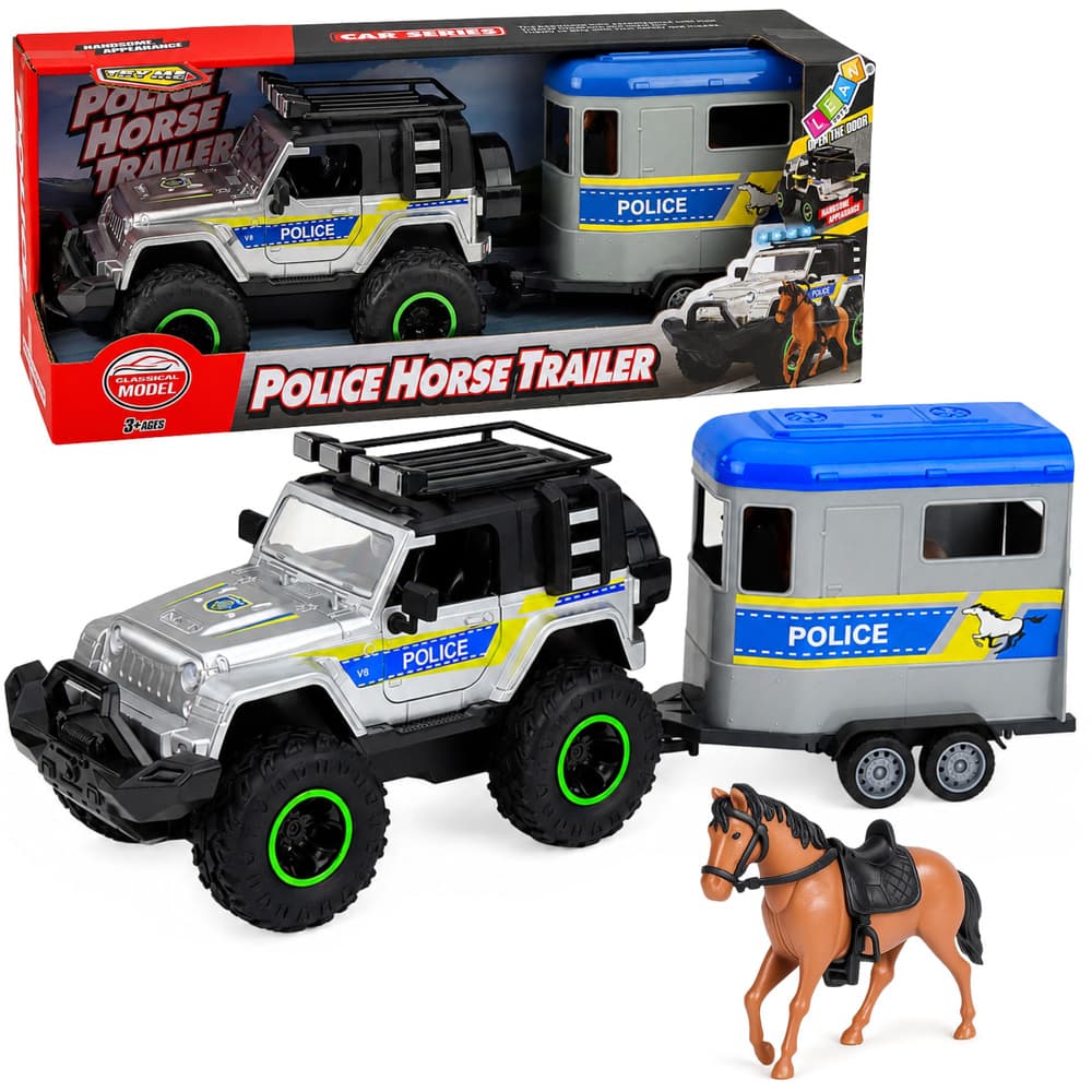 Policijski set: terenski avto, prikolica za konja, luči, zvoki, LEAN TOYS