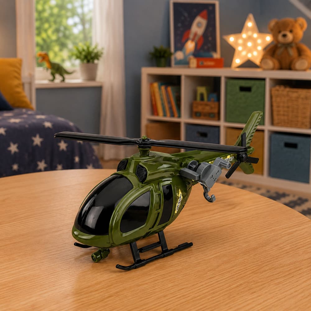 Vojaški helikopter z lučmi, zvoki in kljuko, zelene barve 4