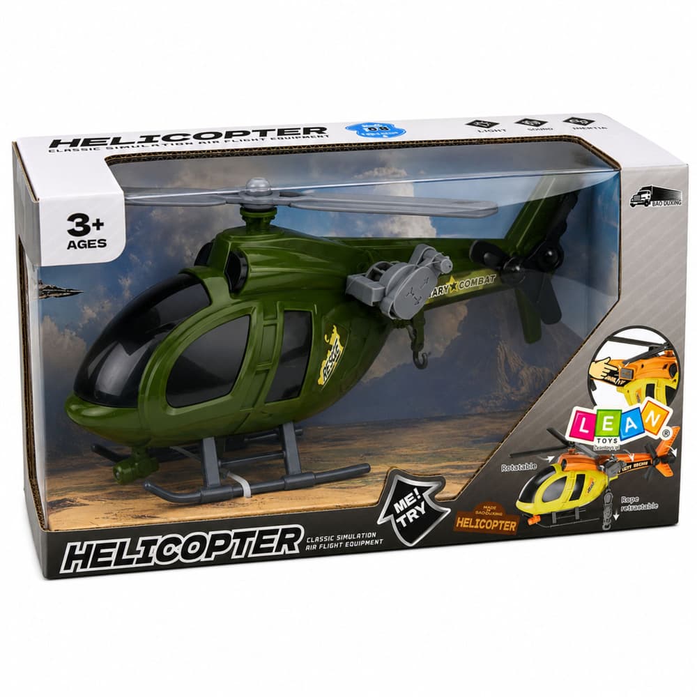 Vojaški helikopter z lučmi, zvoki in kljuko, zelene barve 5