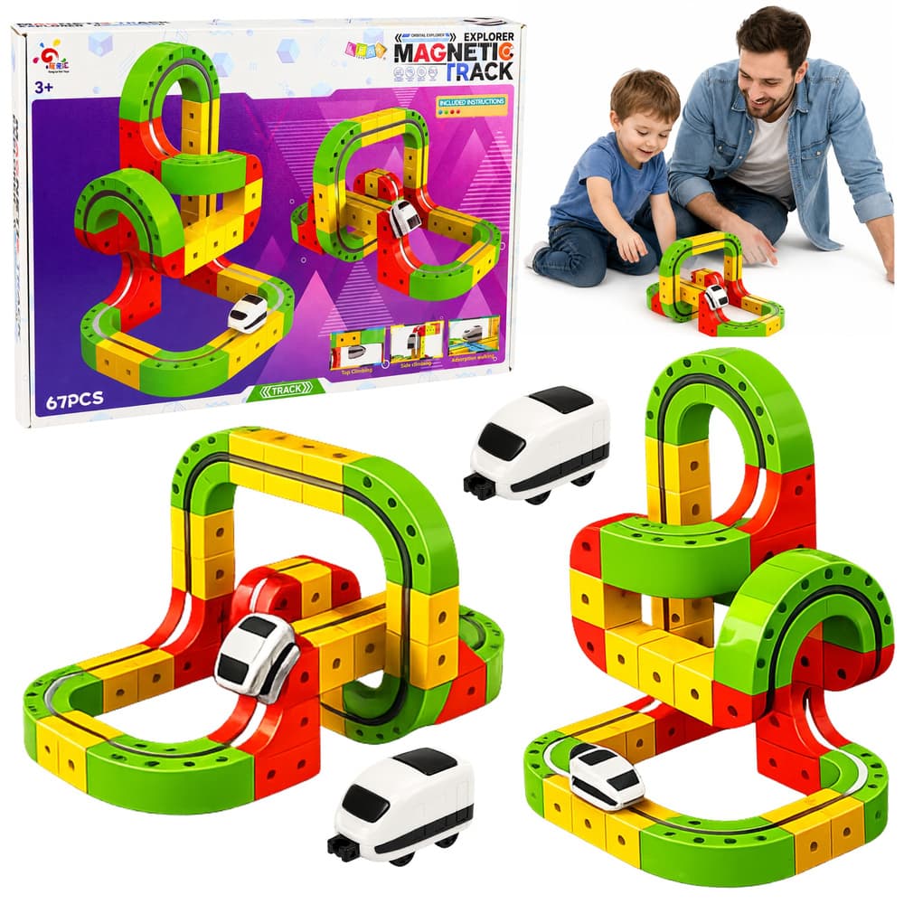Magnetni tobogan z električnim vlakcem 3D, 67 delni set