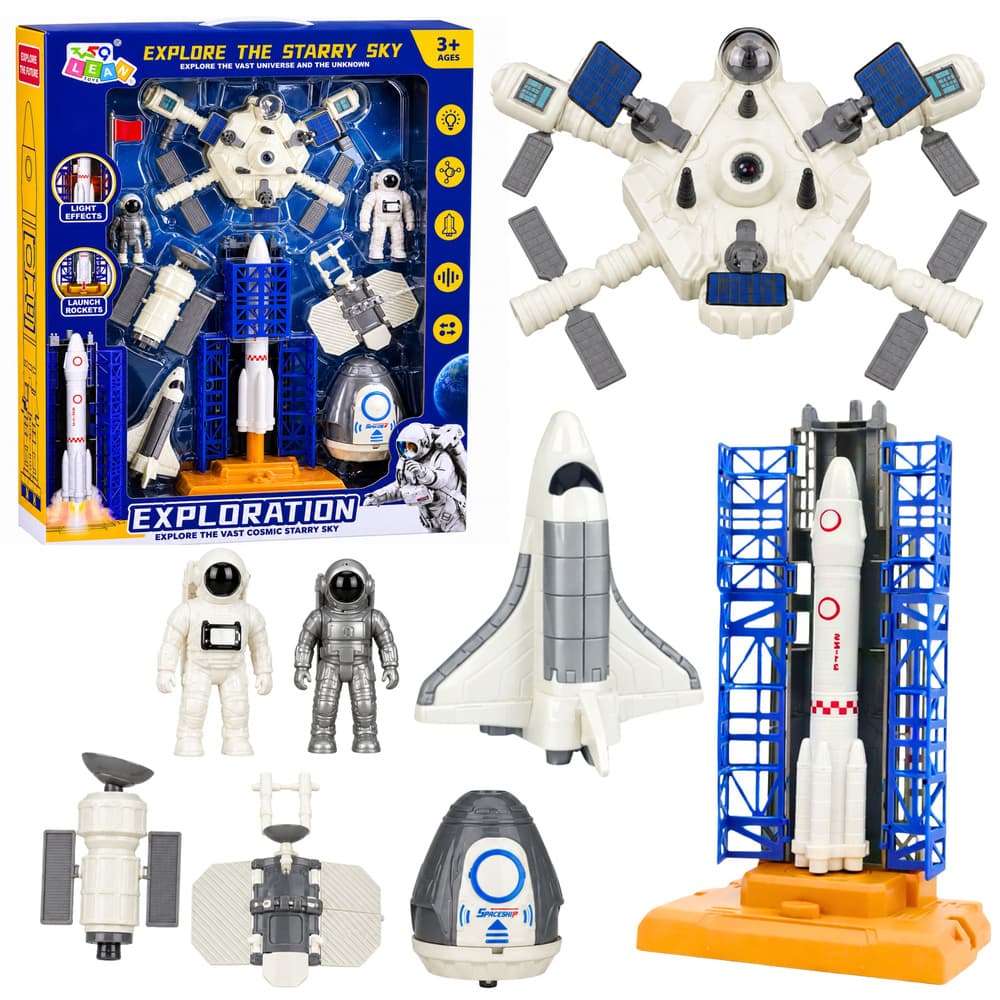 LEAN TOYS Vesoljski Komplet: Postaja, Raketa, Šatl, Sateliti, Astronavti, Luči