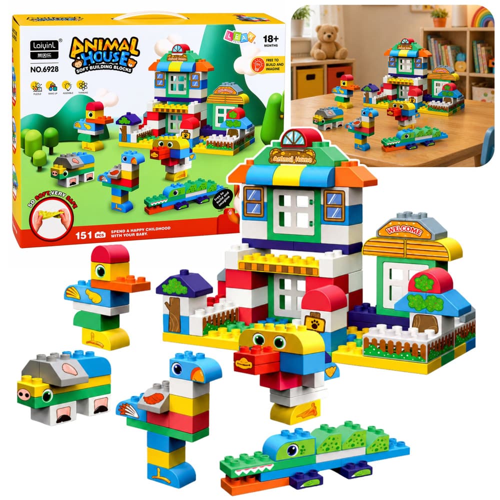 LEAN TOYS Mehki senzorični bloki - "Hiša z živalmi" - 151 kosov