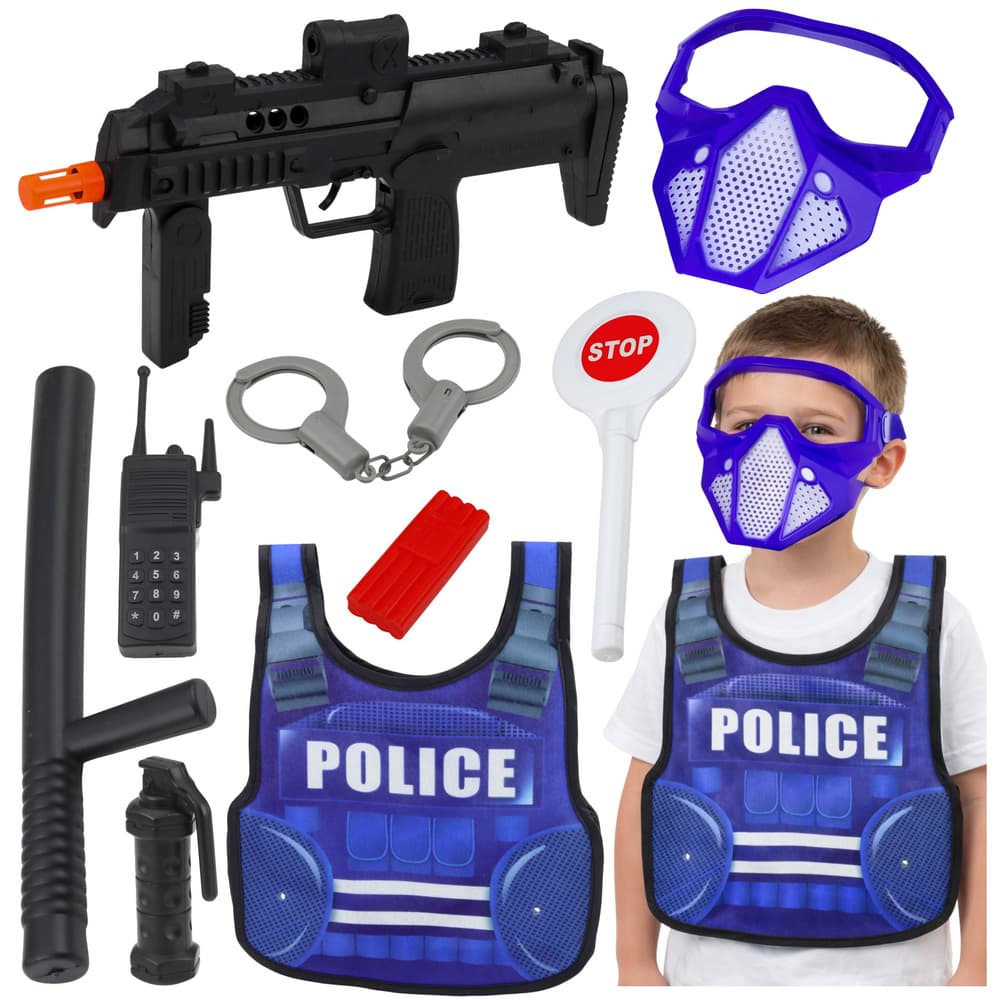 Policijski set: telovnik, pištola, maska, lisice, dodatki