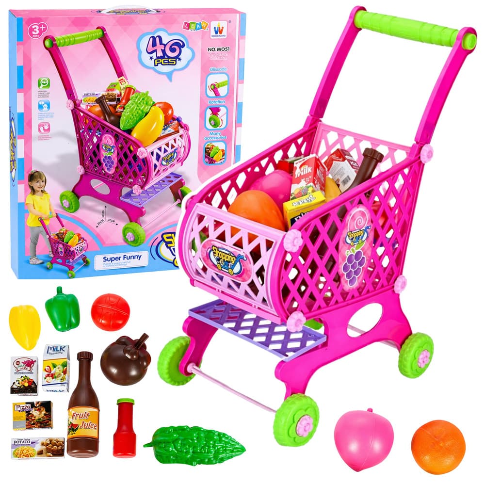 Velik otroški nakupovalni voziček z izdelki LEAN TOYS, roza, 52 cm, 46 delov