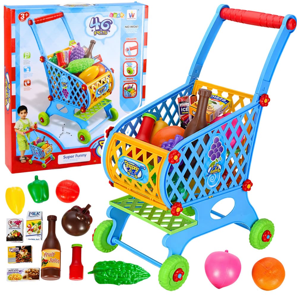 Velik otroški nakupovalni voziček z izdelki LEAN TOYS, modri, 52 cm, 46 delov