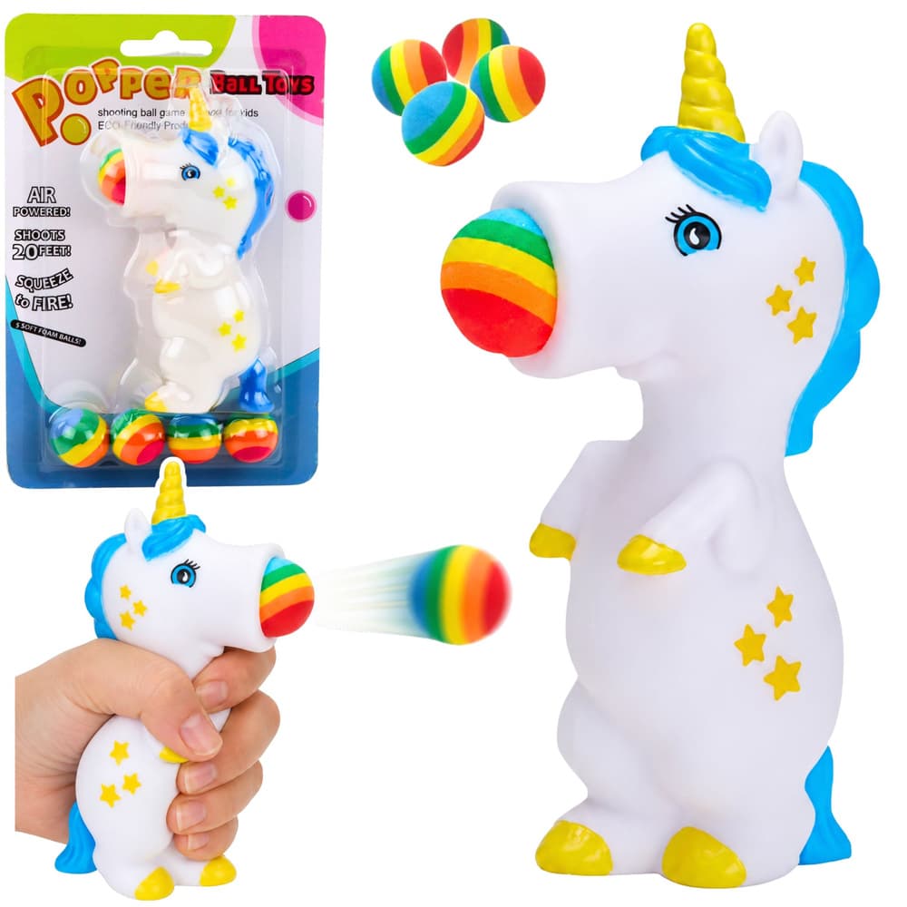 Gumijasti enorožec LEAN TOYS, ki izstreli žogice, s 5 žogicami
