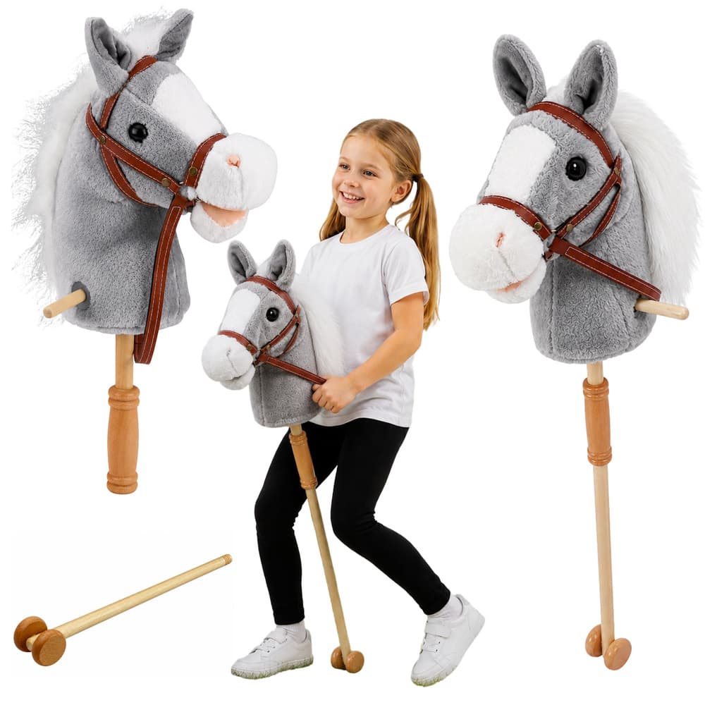 Hobby Horse konj na palici, sivi, 100 cm, zvoki galopa in rženja, kolesa
