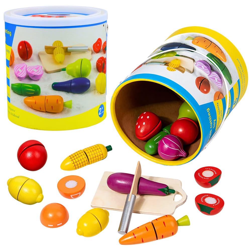 Lesena kuhinja: komplet sadja in zelenjave za krojenje (13 kosov) z vedrom LEAN TOYS