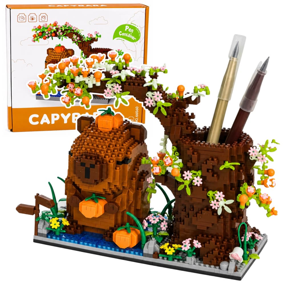 Kocke LEAN TOYS, mini blokci, kapibara z drevesom, organizator za pisala, 1800 el.