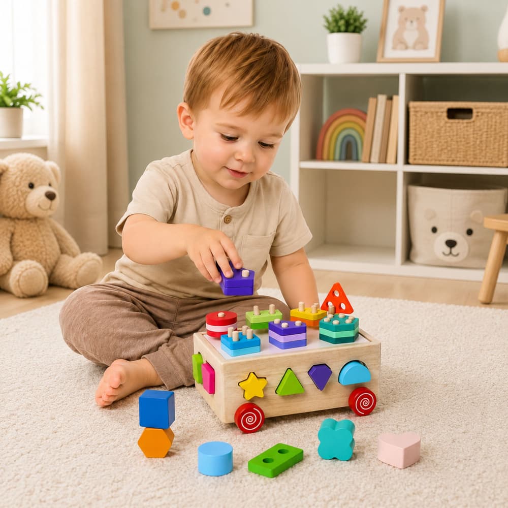 Leseni sortiralnik oblik LEAN TOYS, Montessori, na kolesih, s številkami 5