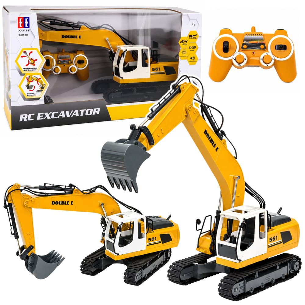 Daljinsko vodena bager LEAN TOYS, goseničar, luči, zvoki, rumen, 1:16