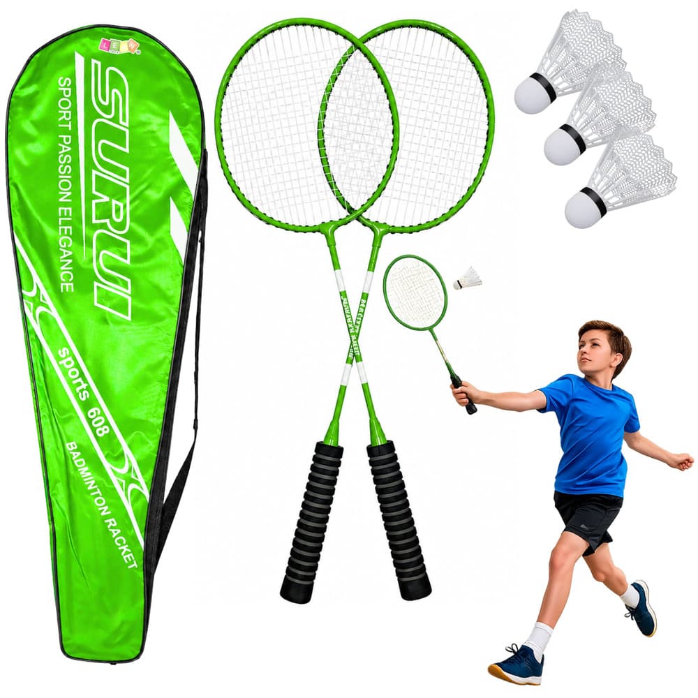 Komplet za badminton Lean Toys: 2 loparja, 3 peresa, torba, zelena