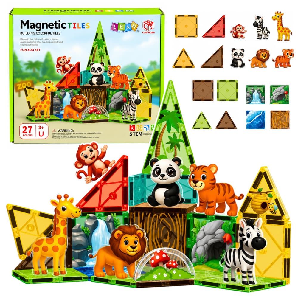 Magnetne kocke LEAN TOYS, Divje živali, Džungla/ZOO, 27 el.