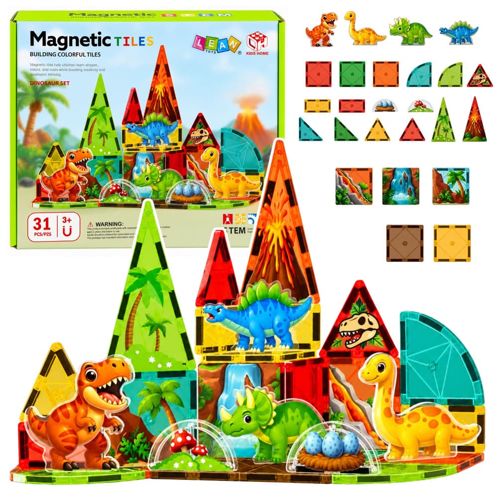 Magnetne kocke LEAN TOYS, Dinozavri, Vulkanski motiv, 31 el.