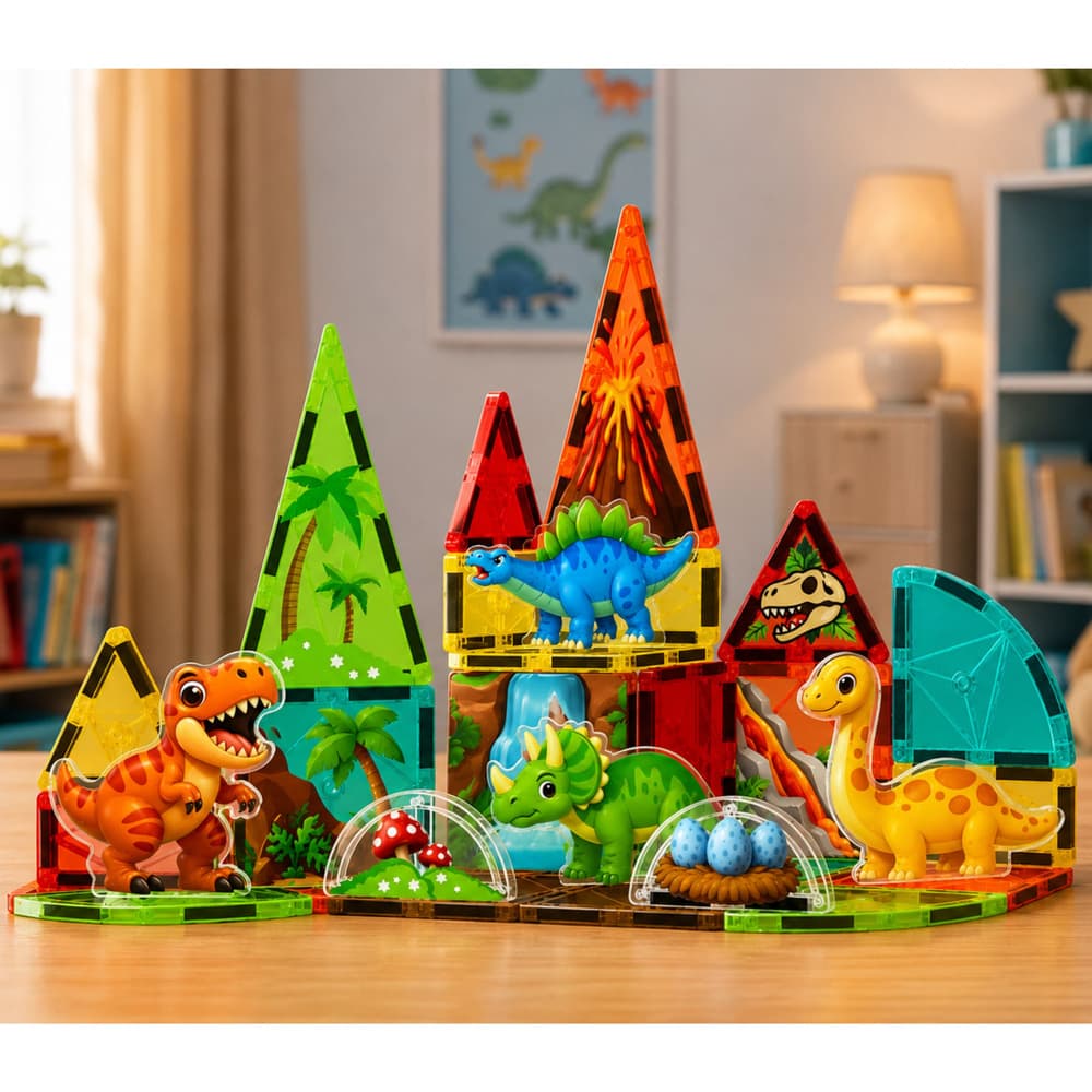 Magnetne kocke LEAN TOYS, Dinozavri, Vulkanski motiv, 31 el. 3
