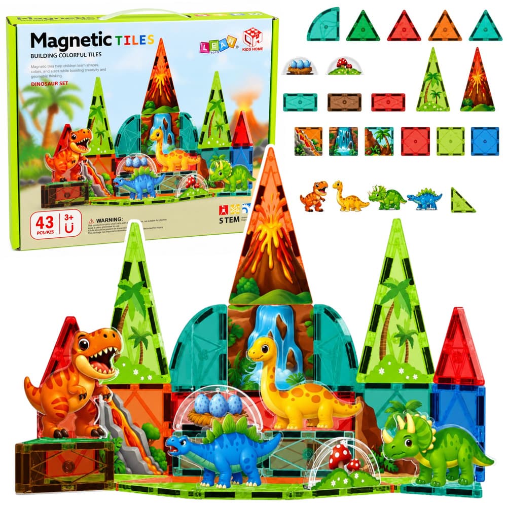 Magnetne kocke LEAN TOYS, Dinozavri, Vulkanski motiv, 43 el.