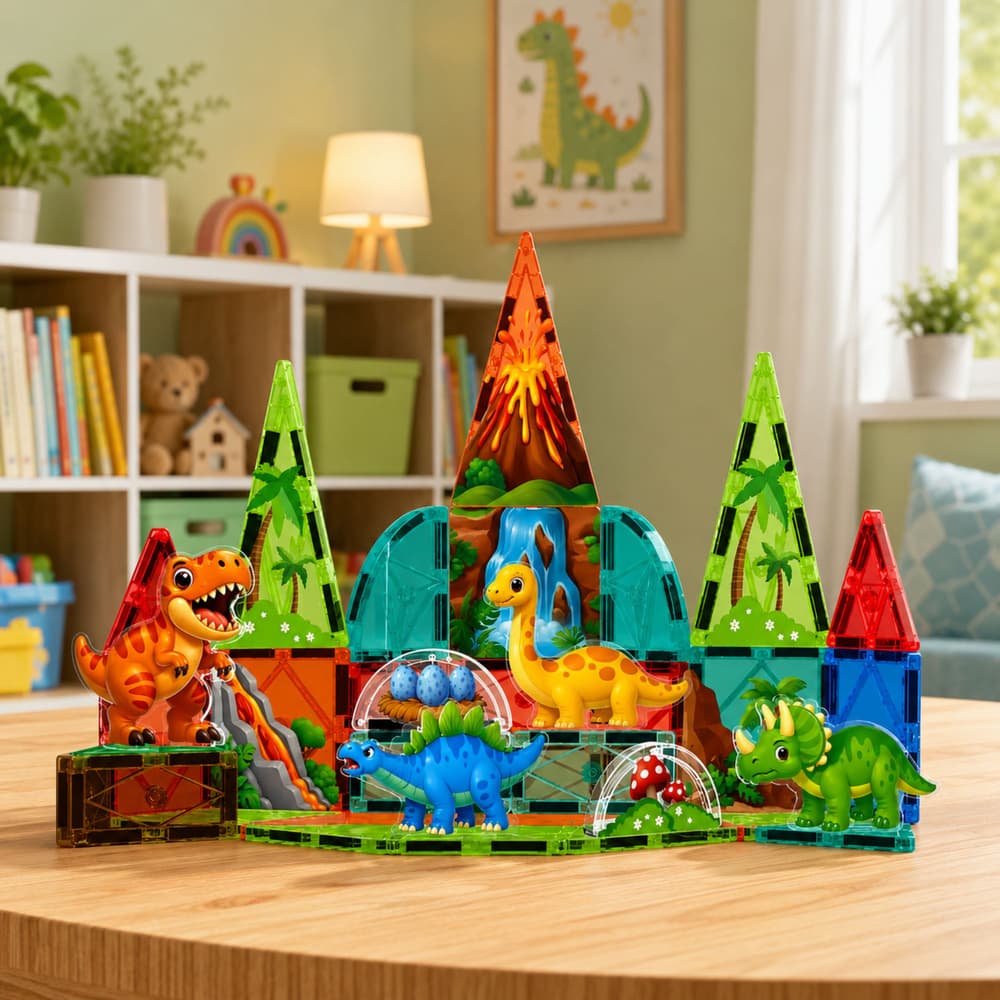 Magnetne kocke LEAN TOYS, Dinozavri, Vulkanski motiv, 43 el. 3