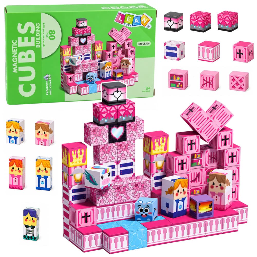 Magnetski gradbeni bloki LEAN TOYS, kocke, pikseli, Pikseliran svet, roza, 80 el.