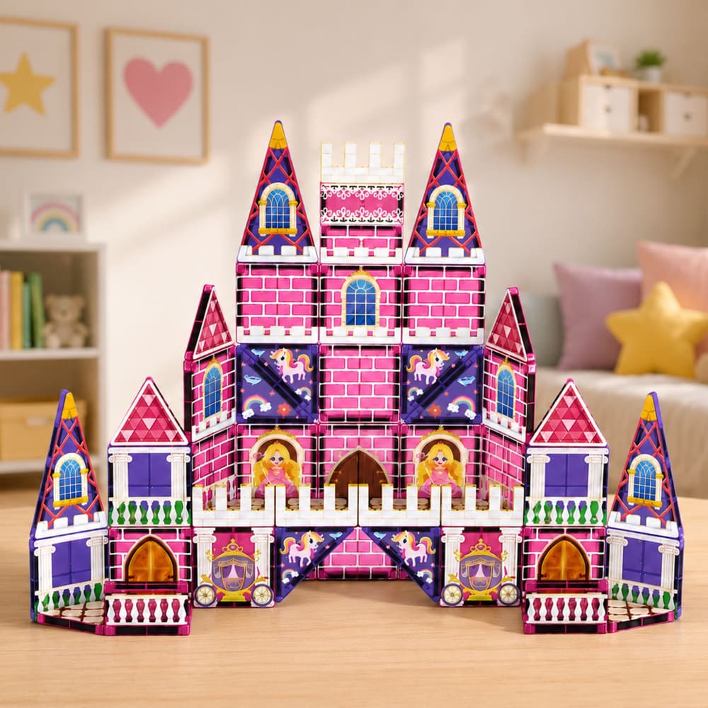 LEAN TOYS Magnetske kocke, Rožnati Grad za Punčko, 58 kosov 3