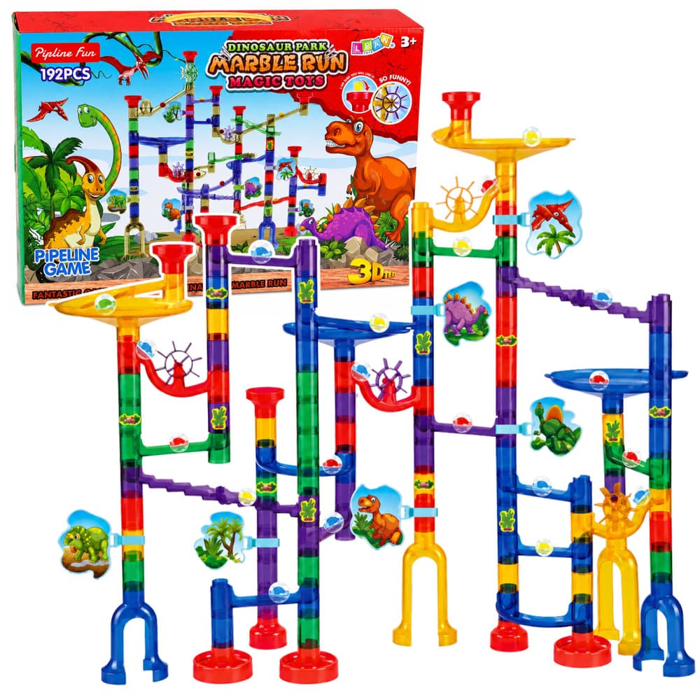 Gradbeni komplet LEAN TOYS, dinozavri, 192 el., tir za kroglice s tuneli