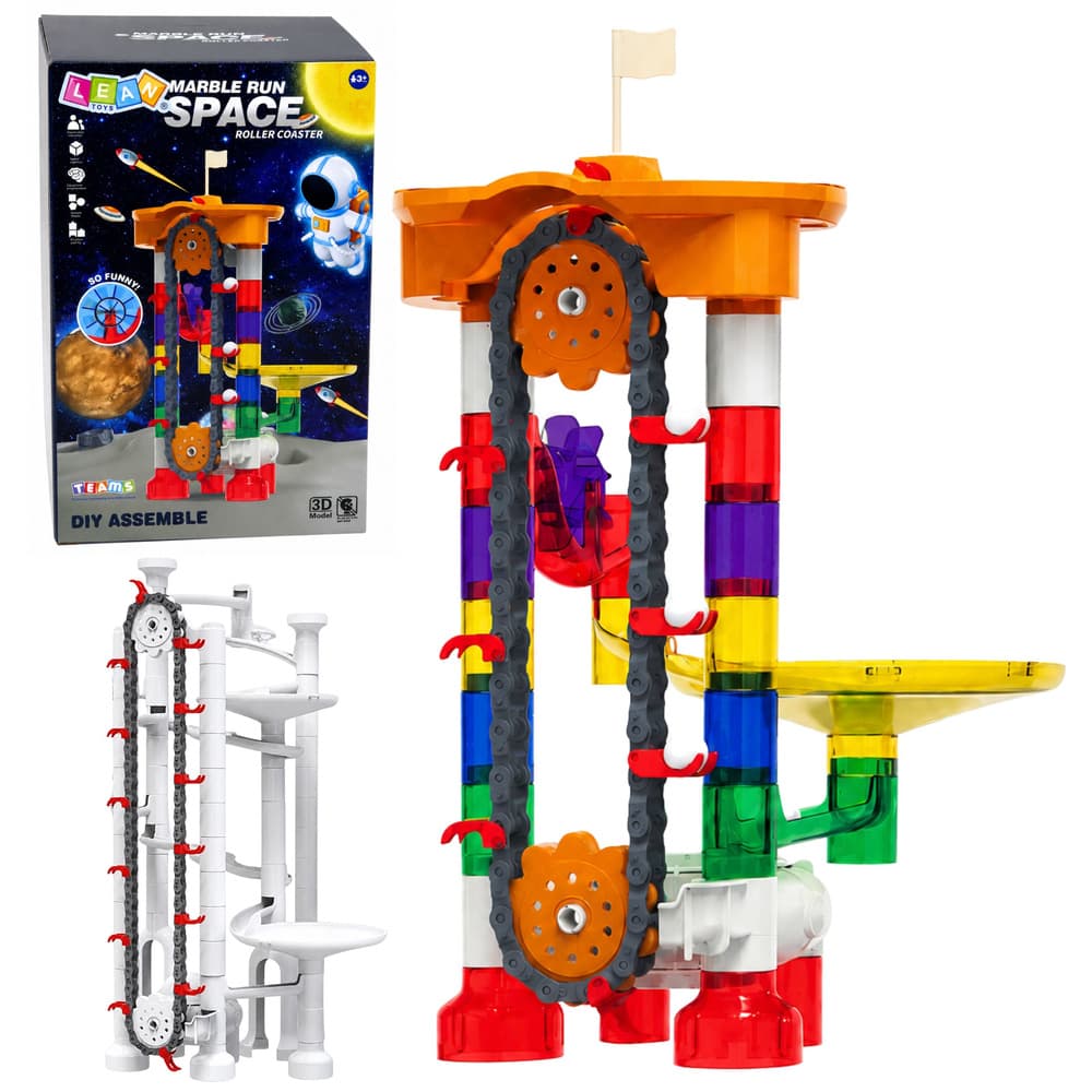 Gradbeni komplet LEAN TOYS, vesolje, 85 el., avtomatski tir za kroglice s tuneli